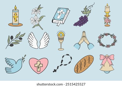 
This First Communion icon set features beautifully crafted symbols ideal for religious projects. Perfect for church events, invitations, or educational materials, the icons add elegance and significa