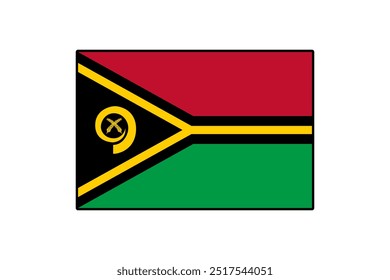 Esta bandera presenta un diseño único con colores negros, amarillos, rojos y verdes, que simbolizan la cultura y el patrimonio de Vanuatu, revoloteando contra un fondo claro, mostrando el orgullo nacional.