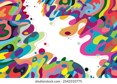 Esta ilustração plana e abstrata apresenta uma mistura viva de formas e padrões arrojados e coloridos, criando um plano de fundo visualmente dinâmico. Com um arranjo aleatório de formas geométricas e orgânicas.