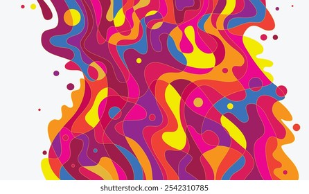 Esta ilustración plana y abstracta presenta una animada mezcla de Formas y patrones llamativos y coloridos, creando un fondo visualmente dinámico. Con una disposición aleatoria de formas geométricas y orgánicas.