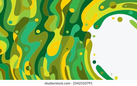 This flat, abstract illustration features a lively mix of bold, colorful shapes and patterns, creating a visually dynamic background. With a random arrangement of geometric and organic forms.