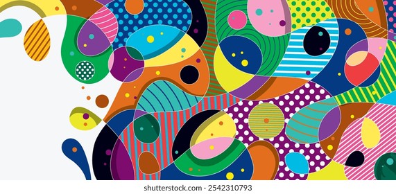 This flat, abstract illustration features a lively mix of bold, colorful shapes and patterns, creating a visually dynamic background. With a random arrangement of geometric and organic forms.