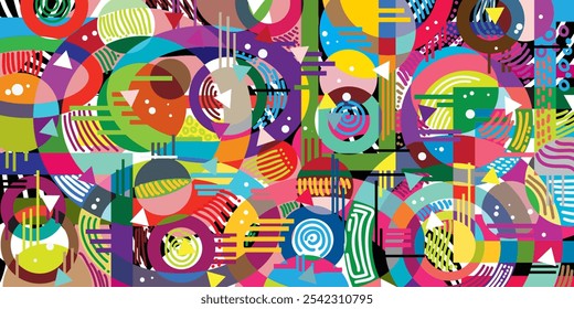 This flat, abstract illustration features a lively mix of bold, colorful shapes and patterns, creating a visually dynamic background. With a random arrangement of geometric and organic forms.