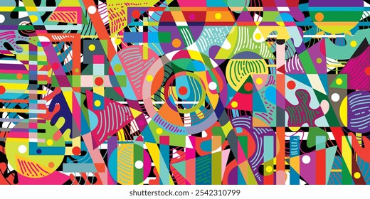 Esta ilustração plana e abstrata apresenta uma mistura viva de formas e padrões arrojados e coloridos, criando um plano de fundo visualmente dinâmico. Com um arranjo aleatório de formas geométricas e orgânicas.