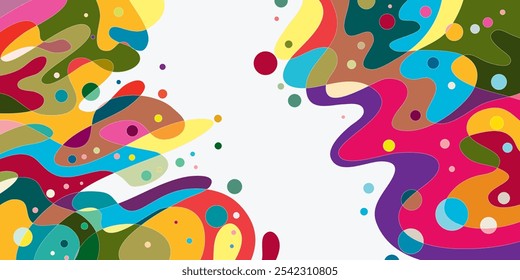 This flat, abstract illustration features a lively mix of bold, colorful shapes and patterns, creating a visually dynamic background. With a random arrangement of geometric and organic forms.