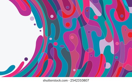 Esta ilustração plana e abstrata apresenta uma mistura viva de formas e padrões arrojados e coloridos, criando um plano de fundo visualmente dinâmico. Com um arranjo aleatório de formas geométricas e orgânicas.