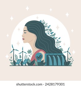 In this flat art illustration, an Asian woman is adorned with green leaves
