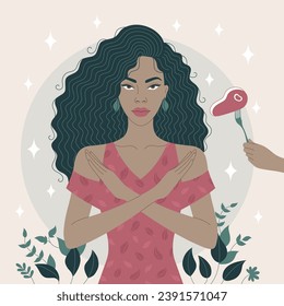 This flat art minimalist illustration depicts an African woman in a simple style, crossing her arms in a gesture of saying no to meat. The vegan girl promotes the concept of stopping meat consumption.