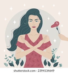 This flat art minimalist illustration depicts a caucasian woman in a simple style, crossing her arms in a gesture of saying no to meat. The vegan girl promotes the concept of stopping meat consumption
