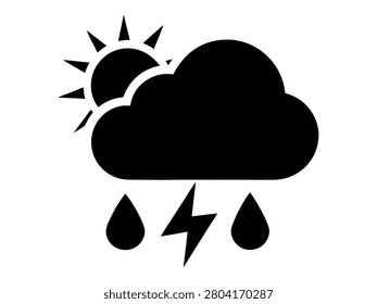 This is a flat black silhouette weather icon depicting a sun cloud raindrops and a lightning bolt on a white