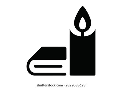 This flat black vector icon features a burning candle with a simple flame positioned beside a closed book. It is perfect for projects related to religious studies memorial services night reading spiritual wisdom library learning education and funeral ceremonies.