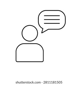This is a flat, black-outlined icon depicting a person’s head and torso next to a speech bubble with horizontal lines. The icon is set on a white background and features a simple, linear style.
