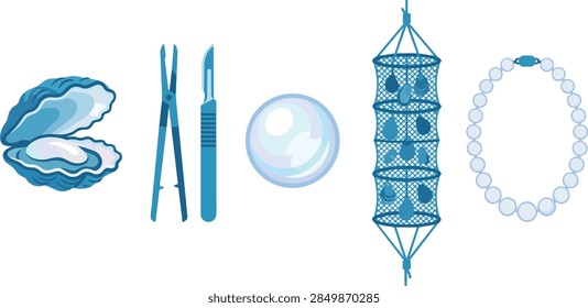 This flat blue graphic set displays mollusks containing precious gems. Specialized medical instruments assist in the delicate extraction process from shells. A suspended mesh container holds aquatic creatures while an elegant necklace represents finished jewelry accessories. These icons illustrate the complete sequence from raw nature to refined fashion adornments.