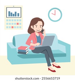 This flat cartoon vector illustration depicts a professional businesswoman sitting comfortably on a lobby sofa. This design is ideal for themes related to remote work, business professionalism