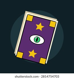 This flat design artwork depicts a dark purple magical spellbook or ancient grimoire. The book features a prominent centered green eyeball that glows against the deep violet cover. Golden stars and corner accents provide contrast while the background uses dark teal tones to enhance the eerie mystical dark fantasy atmosphere