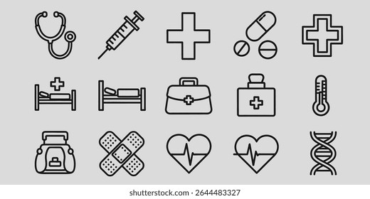 This flat design collection showcases healthcare symbols including pills, heart rate, first aid kit, thermometer, stethoscope, band aid and dna. Perfect for health related graphic elements, presentati