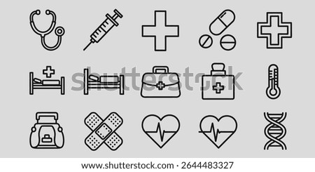 This flat design collection showcases healthcare symbols including pills, heart rate, first aid kit, thermometer, stethoscope, band aid and dna. Perfect for health related graphic elements, presentati