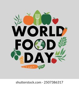 This flat design concept for World Food Day features a clean and vibrant layout that emphasizes unity, sustainability, and global collaboration in fighting hunger.