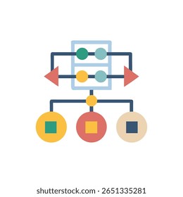 Este é um diagrama plano de fluxo de dados de design que mostra formas geométricas interconectadas em um plano de fundo preto. Tem elementos circulares e quadrados.