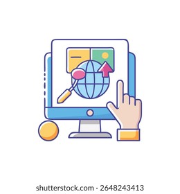 This flat design depicts web analytics with data analysis and digital growth. A hand is clicking the screen.