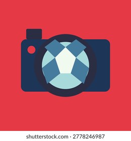 This flat design graphic depicts a dark blue digital camera where the lens contains a light blue soccer ball pattern.