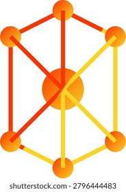 This flat design graphic shows a hexagonal cluster of interconnected orange circular nodes representing data points and digital networking connections