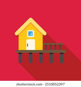 This flat design icon features a yellow beach hut standing on a wooden pier with a long shadow