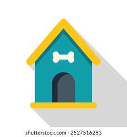 This flat design icon is featuring a blue wooden doghouse with a bone, symbolizing a safe and comfortable shelter for a beloved pet