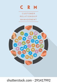 This is flat design illustration of Customer Relationship Management development topic.
It include handshake,phone,message, chart, mouthpiece, data, book,curve bezie,calculator, gadget,idea,monitor