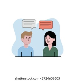 Esta ilustração de design plano retrata um homem e uma mulher envolvidos em uma conversa, simbolizada por bolhas de fala acima de suas cabeças. Representa comunicação, diálogo e interação entre indivíduos, transmitindo conceitos de discussão e conexão. O estilo simples e moderno torna-o adequado para várias aplicações digitais e de impressão.