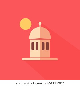 This flat design illustration features a building with a dome, possibly representing an observatory or a similar structure. The building is depicted in shades of beige and pink.