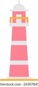 This flat design illustration features a charming lighthouse, perfect for conveying themes of guidance, safety, and coastal travel.