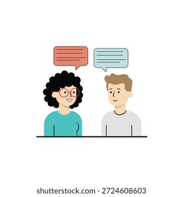 This flat design illustration features a man and a woman facing each other, with speech bubbles above their heads signifying a conversation. It effectively symbolizes communication, dialogue, and interaction between individuals. The minimalist style makes it a versatile graphic for topics such as teamwork, discussion, or information exchange in various professional and social contexts.