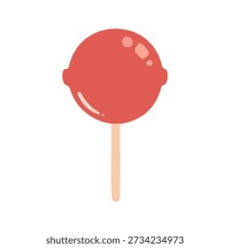 Diese flache Designgrafik zeigt einen klassischen runden roten Lollipop auf einem Stick mit subtilen Highlights. Es wird auf sauberem, weißem Hintergrund für den vielseitigen Einsatz in Grafikdesign-Projekten präsentiert. Perfekt für Themen rund um die Kindheit, Leckereien und süße zuckerhaltige Snacks.