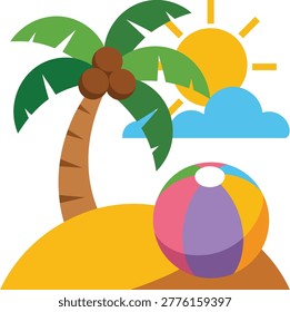 This flat design illustration features a tropical beach scene with a palm tree, sun, and beach ball. The palm tree has green leaves and brown coconuts, situated on a golden sand dune. A multi-colored beach ball, divided into sections of pink, purple, yellow, and blue, lies on the sand. A bright yellow sun is in the sky with a blue cloud. The image is on a white background.