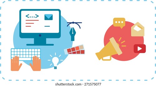 This is flat design illustration of Information Technology development topic. It include computer, keyboard, reticulation swatches,curve,message, chart, mouthpiece,you tube logo, video,mail envelope