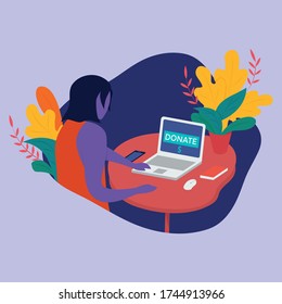 This is a flat design illustration of a woman who is raising donations for people in need.