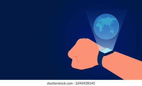 Esta ilustração de estilo de design plano representa o poder da tecnologia moderna para unir o mundo por meio de dispositivos pequenos, inteligentes e versáteis.