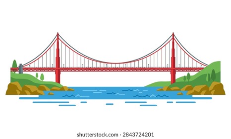 This flat design vector illustration depicts a large red suspension bridge spanning across a body of blue water. The bridge connects two green landmasses with small trees and brown rocky outcrops. The composition is clean and minimalist, set against a solid white background, highlighting the architectural details of the cables and towers.