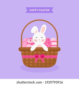 This is a flat easter illustration. There are bunny and easter eggs in the basket.