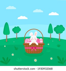 This is a flat easter illustration. There are easter eggs and a rabbit in the basket.
