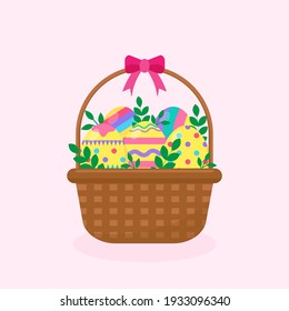 This is a flat easter illustration. There are easter eggs in the basket.