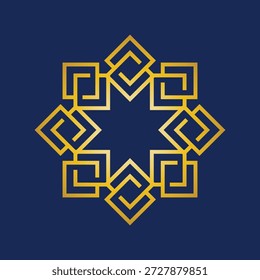 Este es un diseño de logotipo geométrico plano que representa un patrón de mosaico decorativo con una estrella de ocho puntas en el medio en color dorado