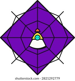 This flat graphic illustration displays a vibrant purple diamond shape containing a black spider web pattern. At the center sits a stylized candy corn character with teal eyes and white ghostly base. The minimalist aesthetic combines spooky Halloween themes with retro pop art elements suitable for holiday branding and decor.