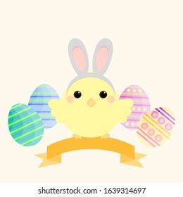 This is flat happy Easter Day background. Cute vector card with chick and Easter eggs, tape on yellow background.