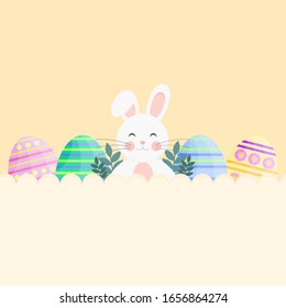 This is flat happy Easter Day background. Cute vector card with Easter eggs and bunny on yellow background.