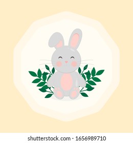 This is flat happy Easter Day background. Cute vector card with rabbit and leaves on yellow background.