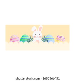 This is flat happy Easter Day background. Vector banner with Easter eggs and bunny.