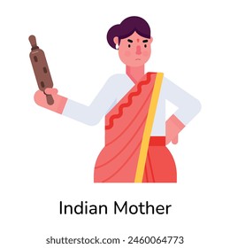 This flat icon depicting angry indian mother holding rolling pin 