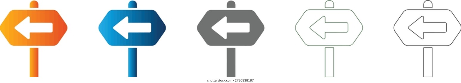 Este ícone plano representa uma seta de sinal de estrada, um vetor preto sólido simples isolado como parte de um conjunto de ícones versátil, ideal para design de interface do usuário.
